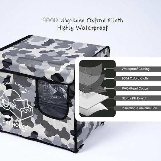 Indestructible Cat House Outdoor with Two-Sided Escape Door, Insulated and 100% Waterproof, Outside Weatherproof Feral Cat Shelter for Winter, Oxford Cloth Upgraded(Camouflage, s)
