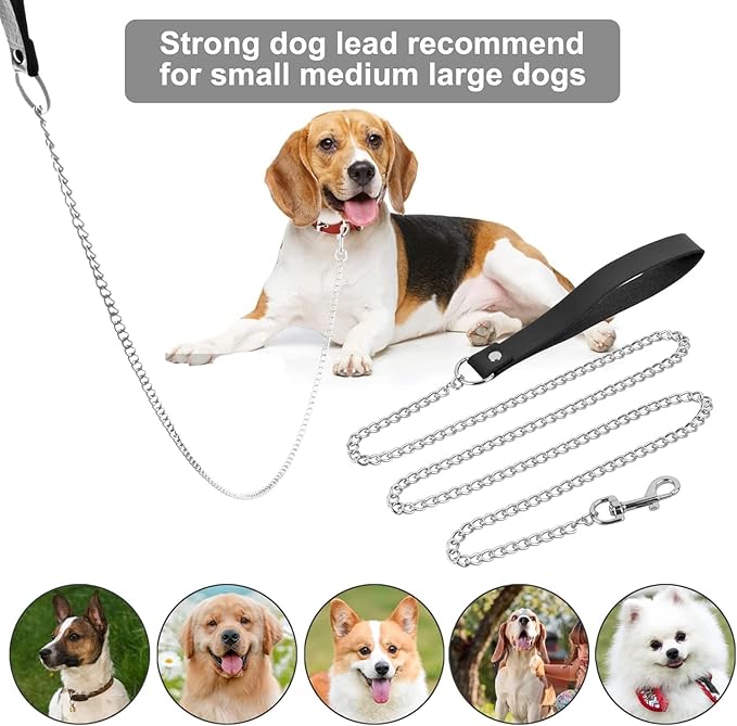 Chain Heavy Duty Metal Dog Leash, 4FTx3mm Chew Proof Pet Leash Chain with Soft Padded Handle for Large & Medium Size Dogs Walking, Training and Traveling (0-80 lbs)
