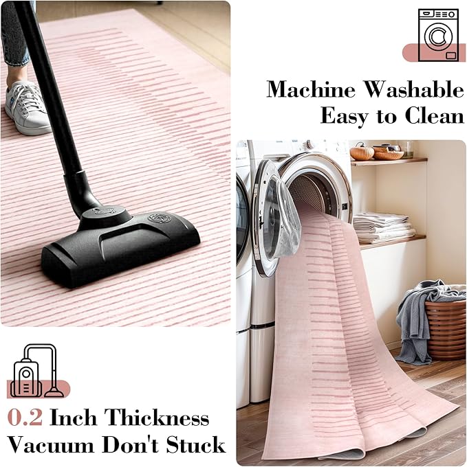 Wonnitar Washable Striped Runners for Hallways 2'6"x8', Non-Slip Soft Pink Runner Rug for Bedroom, Low Pile Minimalist 8ft Runner for Bathroom Laundry Kitchen (Pink, 2'6" x 8')