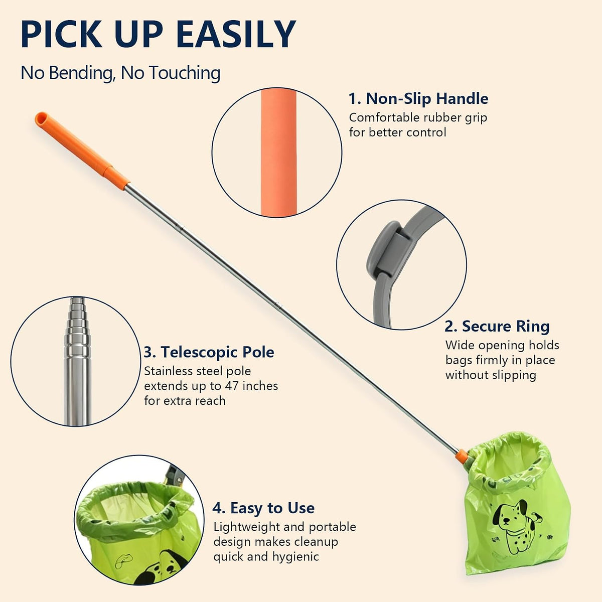 Dog Pooper Scooper with Bags, 47" Long Handle Dog Waste Picker Telescoping No-Bend Pet Pooper Scooper with Bag-Securing Tabs, Portable Dog Waste Picker for Yard, Walks & Travel