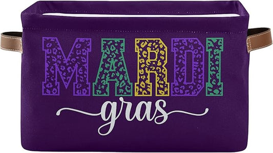 Wamika Happy Mardi Gras Purple Storage Basket with Waterproof Liner and PU Handles Fleur de Lis Storage Bins Boxes 14.2" Collapsible Decorative Organizer Baskets for Bedroom Closet Office 1 Pack