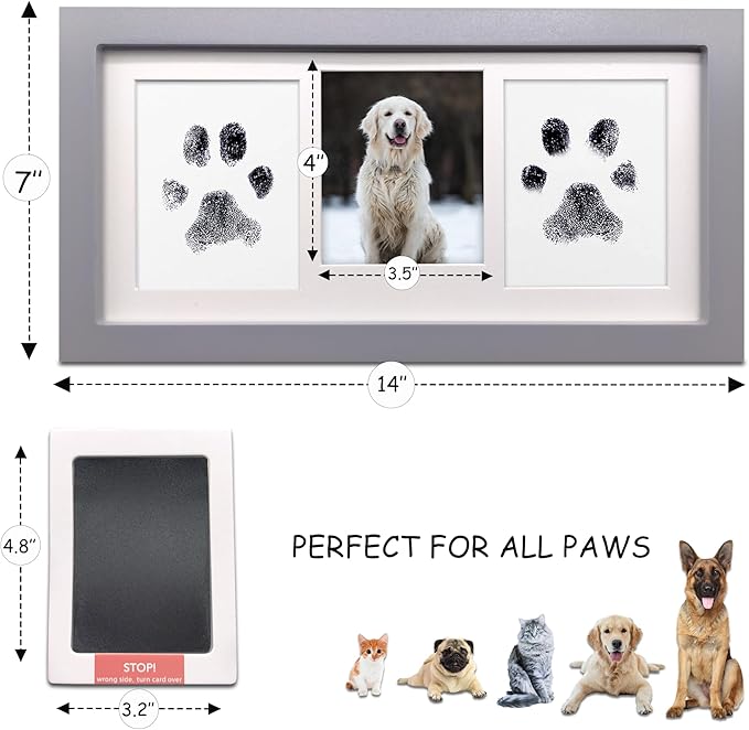 MYPAWLETS Paw Print Frame & Ink Pads Kit,Dog or Cat Paw Print Kit,2 No Mess Ink Pads for Pets,Paw Print Stamp Pad for Dogs,Wooden Pet Memorial Frame,Personalized Pet Paw Print Gifts-Grey