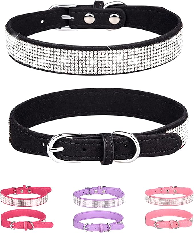 Dog Collar for Medium Dogs, Adjustable Leather Suede Bling Dog Collars，Black Dog Collar Cat Collar, Rhinestone Dog Collar (M, Black)