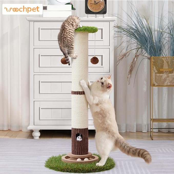 34inches Tall Cat Scratching Post with Cat Ball Track Toy Heavy Duty and Thicker Large Diameter Natural Sisal Cat Scratcher Post for Indoor Cats Protect Your Furniture