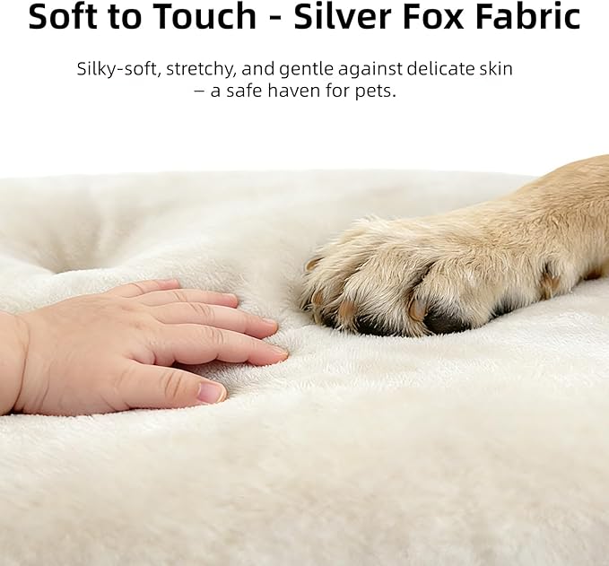 Durable & Washable Dog Bed for Small Medium Dogs & Cats, Plush Faux Silver Fox Fur Oval Bed with Non-Slip Bottom & Supportive Pad, 29”x18” Beige