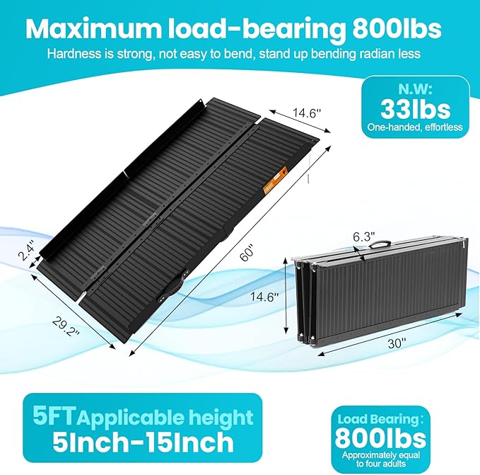Wheelchair Ramp 5ft, Portable Non-Skid Aluminum Ramps for Wheelchairs for Home Steps, 800 LBS Capacity Handicap Ramp for Doorway, Homes, Threshold, Entry, Stairs 60" Lx 29.2" Wx2H