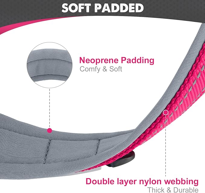 Joytale Dog Collar for Medium Dogs, Neoprene Padded and Adjustable, Reflective Wide Heavy Duty Pet Collars with Durable Metal Belt Buckle for Walking, Hotpink, M