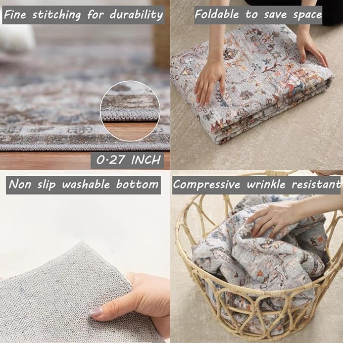 Retro Washable Area Rug 4X6 Washable Living Room Boho Chic Medallion Distressed DesignIndoor Non-Slip Large Accent Throw Rug for Kitchen Bedroom Office Carpet
