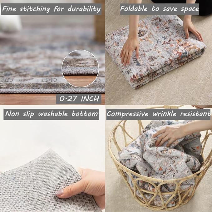 Washable Vintage Area Rug 6x9 Boho Chic Medallion Distressed Design Non-Shedding Easy Care Ideal for High Traffic Areas in Living Room Bedroom Kitchen Office Large Carpet