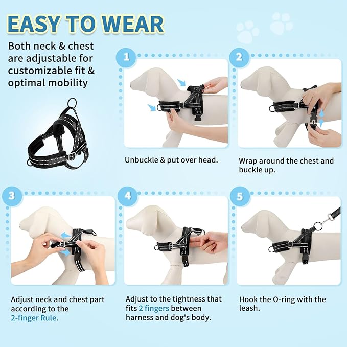 SlowTon No Pull Small Dog Harness and Leash Set, Puppy Soft Vest Harness Neck & Chest Adjustable, Reflective Lightweight & Anti-Twist Pet Lead Combo for Small Medium Dogs (Black, M)