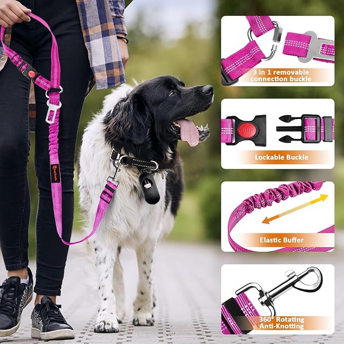 Removable Dog Seat Belt Harness for Car, 3 in 1 Pet Dog Car Seatbelt Leash, Retractable Restraint Secures to Vehicle Headrest & Adjustable Reflective Bungee Dog Seatbelt Tether, Rose and Black