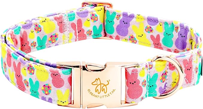 Elegant little tail Easter Dog Collar, Bunny Print Pet Collar Durable Cotton Dog Collars Girl or Boy Metal Collars Holiday Pet Gift Adjustable Dog Collar for Small Dogs