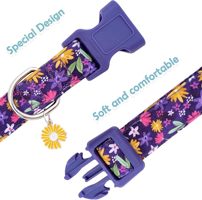 Faygarsle Cotton Dog Collar Cute Dog Collars for Small Medium Large Dogs Purple Yellow Floral Colored Options Soft and Fancy Pet Collars for Girls Flower Pattern for Girl Dog Collar M