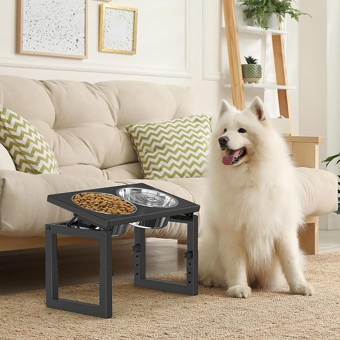 Elevated Dog Bowls Black, 4 Height & Angle Adjustable Raised Dog Bowl Stand, Elevated Dogs Bowl Station for Medium Sized, Sturdy Bamboo Dogs Feeding Station with 2 Stainless Steel Dishes (48oz/6cup)