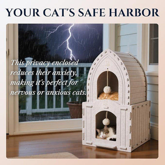 Apasiri 2-Story Cat House for Indoor Cats: Convertible 2-in-1 Felt Cat Condo, Scratch-Resistant, Hideaway Cave for Multi Small Pet Kitten to Relief Anxious, Transitional Modern Cat Furniture
