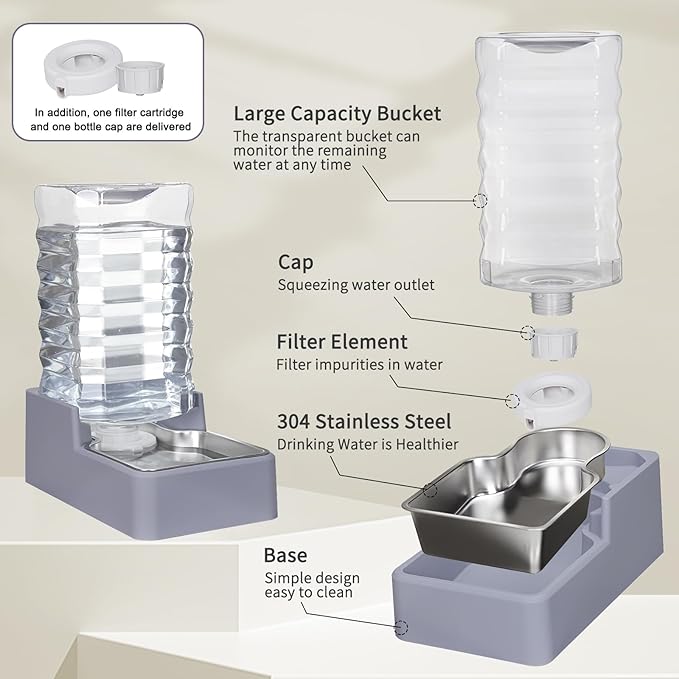Sfozstra Automatic Lagre Water Dispenser: 9L Dogs Stainless Steel Gravity Light Gray Upgraded Feeder - Two Caps and Filters - Convenient Designed for Multiple Pets