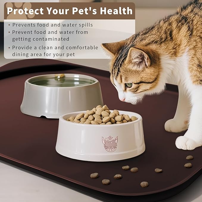Silicone Pet Food Mat with Raised Edge for Food and Water Bowl, Dog Feeding Mats, Cat Food Trays for Floor Waterproof, Rubber Tray for Dogs and Cats, 17 x 12 x 0.7 Dark Brown