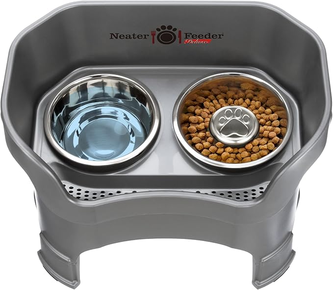 Neater Feeder Deluxe Mess Proof Dog Bowls Elevated for Large Breeds – Made in USA – No Spill Raised Slow Feeder Elevated Dog Bowl Stand w/Leg Extensions, Food and Water Bowl Set, Grey