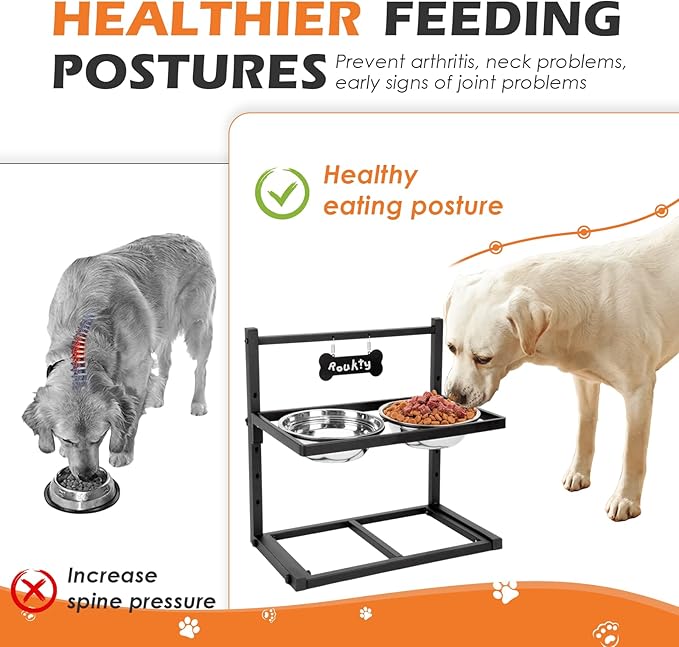Elevated Dog Bowls with Slow Feeder Dog Bowls, 5 Height Adjustable Raised Bowl Stand with 2 Stainless Steel Food & Water Container, Pet Bowl Elevated for Medium Large Pet