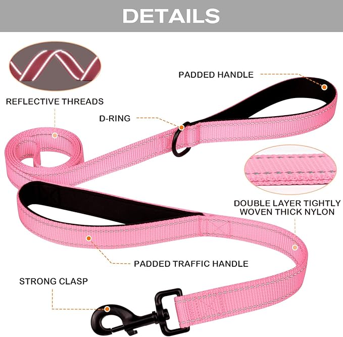 Joytale Dog Leash Heavy Duty for Large Dogs That Pull, Double Handle for Traffic Control, Double-Sided Reflective Leashes for Large Medium Dogs Night Safety, 5FT, Pink