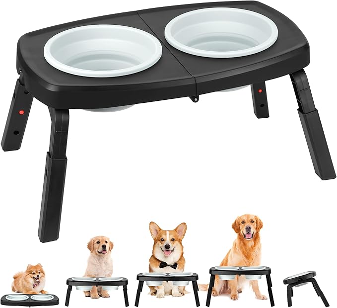 Adjustable Elevated Dog Bowls Stand – 4-Level Height Portable Feeder with Collapsible Silicone Bowls, Non-Slip Base for Medium & Large Dogs – Travel Dog Bowl & Water Dish
