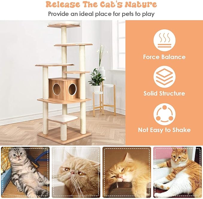 Tangkula Tall Cat Tree, 69-Inch Modern Cat Tower with Sisal Rope Scratching Posts, Wood Cat Tree with Multi-Layer Platform, Cat Condo Furniture with Washable Cushions for Indoor Cats Large Adult
