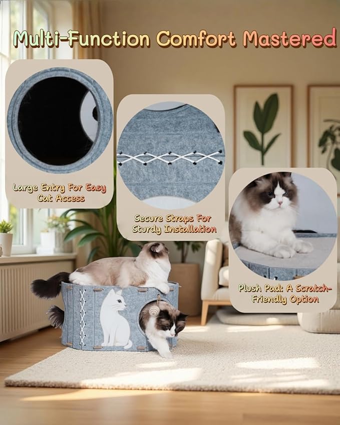 Cat House for Indoor Cats – Felt Covered Cat Bed Cave with Sisal Ball & Reversible Cooling & Warming Pad, Enclosed Hideaway Condo for Large Cats & Kittens, Cozy Multi-Cat Furniture, Gray