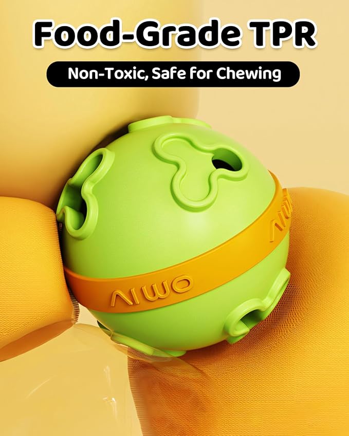 Interactive Dog Treat Dispenser Clover Ball Bite Resistant TPR Puzzle Feeder for All Dog Size Fun Bounce Fetch Toy with Dual Holes, Washable Pet Enrichment Chew Toy for Boredom Relief & Slow Yellow