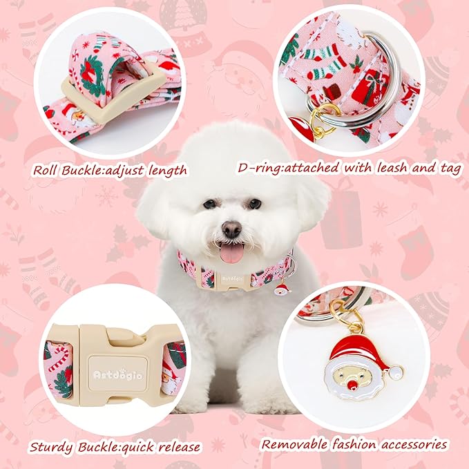 Christmas Dog Collar for Medium Dogs, Pink Cotton Medium Dog Collars with Santa & Snowman Patterrn, Adjustable Holiday Dog Collars, Cute Winter Collar for Girl Boy Dogs