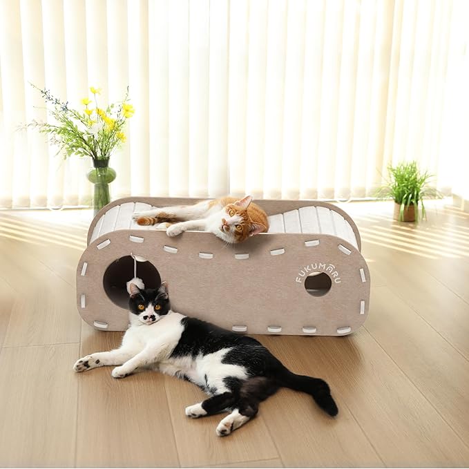 FUKUMARU Cat Beds for Indoor Pets, 31.5 Inches Extra-Large Cat Cave for Multi-Pet, Cozy House with Fluffy Ball Hanging, Scratch Resistant Felt Kitten Hideaway Bed, Feline Tunnel, Beige