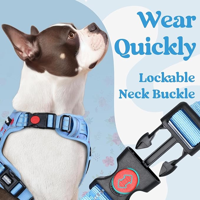 rabbitgoo Dog Harness for Large, No Pull Pet Harness with 3 Buckles, Adjustable Soft Padded Vest with Control Handle, Walking Reflective Pet Vest for Extra Large Dogs, Floral Blue, XL