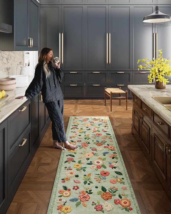 Machine Washable Rug Runners for Hallways: 2X 10 Kitchen Rugs Stain Resistant Non Slip Long Rug with Rubber Backing Soft Green Floral Carpet Runners for Entryway Kitchen Bedroom Laundry Farmhouse