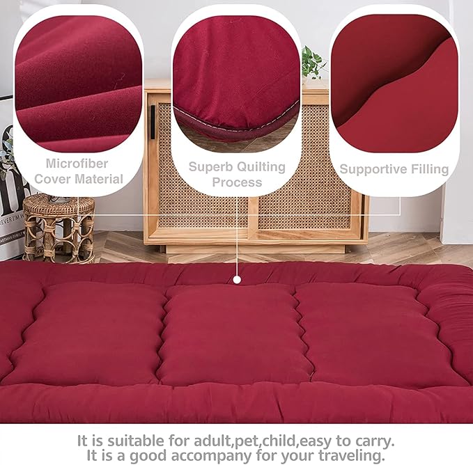 MAXYOYO Japanese Floor Mattress Futon Mattress, Thicken Sleeping Pad Foldable Roll Up Floor Futon for Adults Tatami Mat Dormitory Bed Lounger, Burgundy, Twin