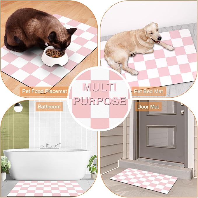 Cat Food Mat - 12"x 20" Cat Dog Mats for Food and Water Bowl, Checkered Pet Placemat Feeding Mat, Non-Slip Under Pet Bowls Mats for Messy Drinkers, Pink & White
