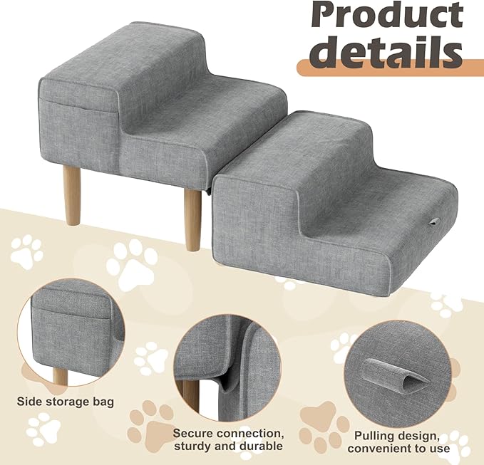 PakaLife Dog Ramp Ottoman,2-in-1 Dog Steps for Bed&Couch,Foldable Solid Wood Pet Ramps&Dog Stairs for Small,Medium Senior Dogs & Old Cats to get on Bed,Washable Cover,135lb Capacity