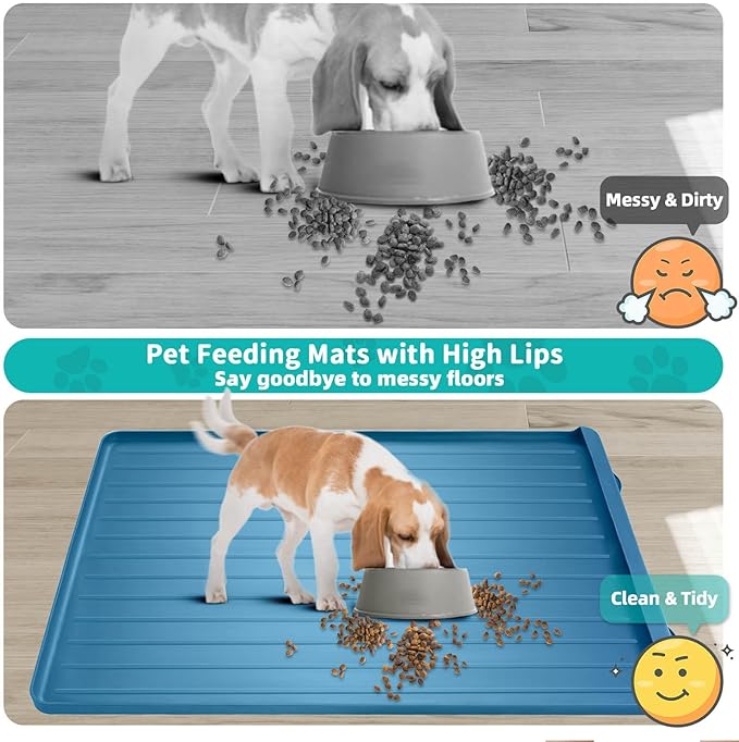 Dog Mat for Food and Water - 39.4" x 27" Large Pet Feeding Mats with Residue Collection Pocket - Waterproof Dog Cat Bowl Mat with High Edges to Prevent Water and Food Spills (Navy)