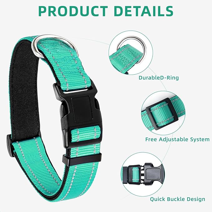 Reflective Dog Collar for Extra Large Dogs, Adjustable Collar with Soft Neoprene Padded, Durable Buckle for Daily Walking,Teal,XL
