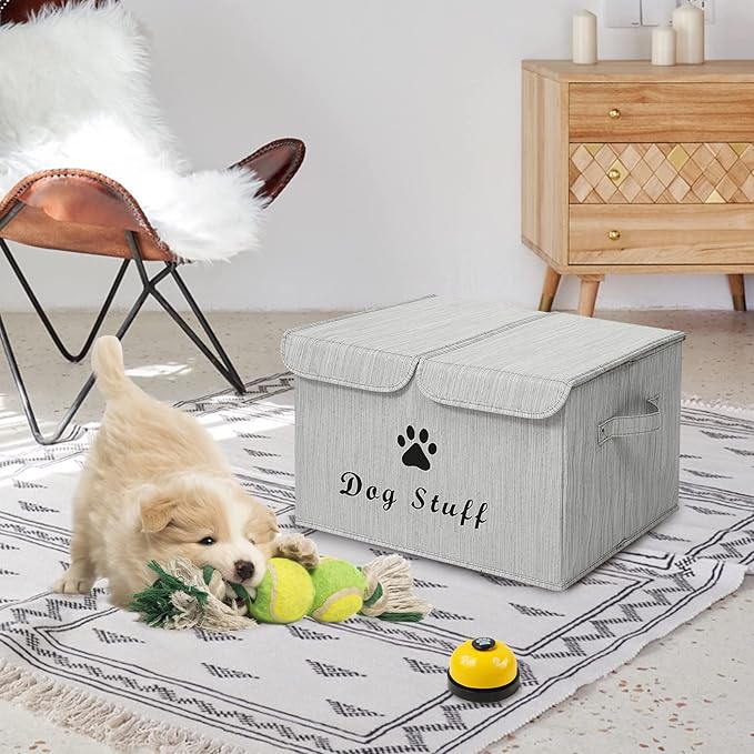 Morezi Large Dog Toy Storage Box with Lid Basket Organizer - Perfect Collapsible Bin for Living Room, Playroom, Closet, Home Organization - Dog - Bamboo Gray