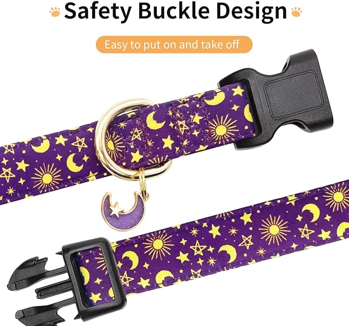 Cotton Dog Collar,Adjustable Cute Puppy Collar with Moon Patterned Design for Small Medium Large Dogs,Soft and Fancy Pet Collar with Safety Buckle for Girl Boy Dogs (Purple Moon, S)