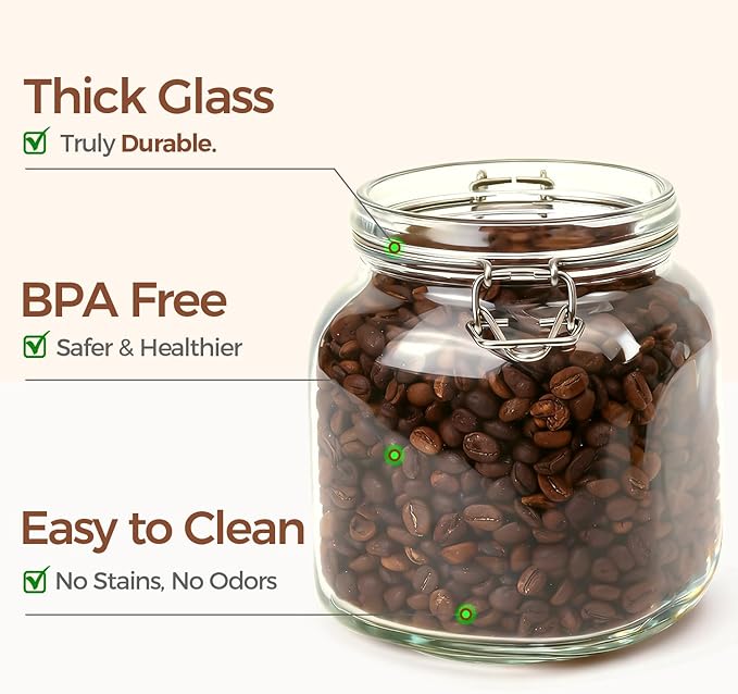 ComSaf Airtight Glass Canister Set of 3 with Lids 34oz Food Storage Jar Square - Storage Container with Clear Preserving Seal Wire Clip Fastening for Kitchen Canning Cereal,Pasta,Sugar,Beans,Spice