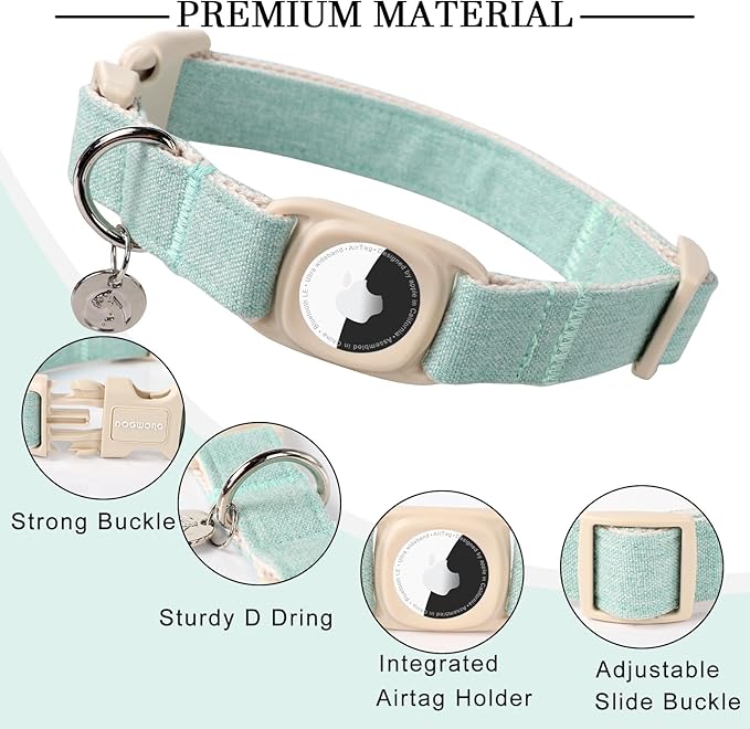 DOGWONG Dog Collar, Heavy-Duty Cotton Hemp, Airtag Holder, Green, for Small Medium Large Dogs