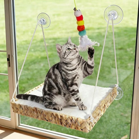 Cat Window Perch with Industrial-Grade Suction Cups and Ball Toy, Cat Window Hammock - 45 lbs Capacity, Handwoven Straw Sturdy Hanging Bed Seat Soft Cushion for Large Heavy Cats