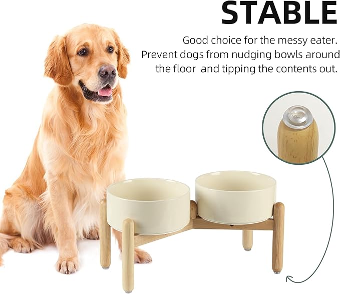 Ceramic 7.3inch Raised Double Bowls Set with Wooden Stand, Food & Water Bowls for Medium Breed Dogs, Weighted Dog Dishes, Pet Feeder(Beige)