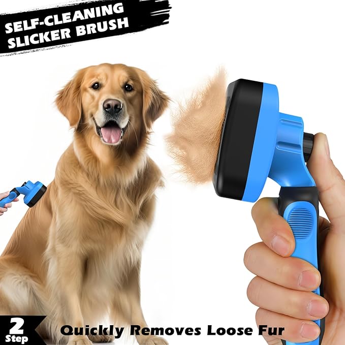 3PCS Self Cleaning Slicker Brush & Pet Grooming Rake & Flea Comb for Dogs, Cats and Horses | Double-Sided Dematting Comb & Skin Friendly Deshedding Grooming Tool | Premium Pet Supplies (Blue)