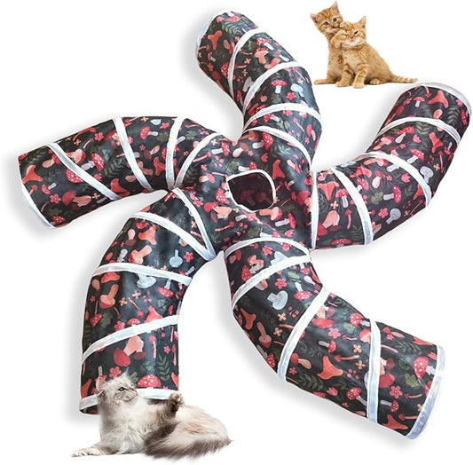 EGETOTA Cat Tunnel for Indoor Cats Large, with Play Ball S-Shape 5 Way Collapsible Interactive Peek Hole Pet Tube Toys, Puppy, Kitty, Kitten, Rabbit (S5 - Mushroom)