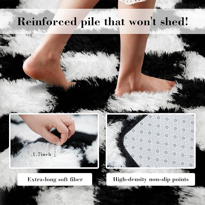 Checkered Rug for Bedroom, 4x6 Black and White Area Rugs, Classic Checkered Carpets Shaggy Area Rug, Bedside Rugs for Living Room Bedroom Kids Room Home Decor
