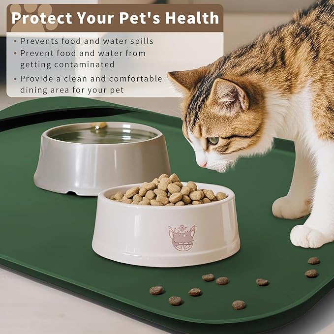 Silicone Pet Food Mat with Raised Edge for Food and Water Bowl, Dog Feeding Mats, Cat Food Trays for Floor Waterproof, Rubber Tray for Dogs and Cats, 17 x 12 x 0.7 Dark Olive