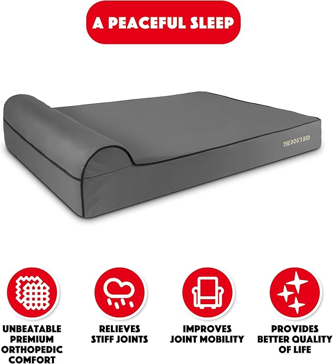 The Dog’s Bed Orthopedic Memory Foam Dog Bed with Headrest, Oxford Fabric, Grey with Black Trim, XXL, 6-Inch