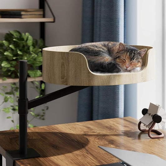 cat Desk Bed,Wood Elevated Large cat Bed for Desk Mount,Space-Saving 360°Rotating & Adjustable Shelf Elevated Desk clamp pet Bed