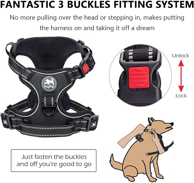 PoyPet No Pull Dog Harness, No Choke Front Lead Dog Reflective Harness, Adjustable Soft Padded Pet Vest with Easy Control Handle for Small to Large Dogs(Black,L)